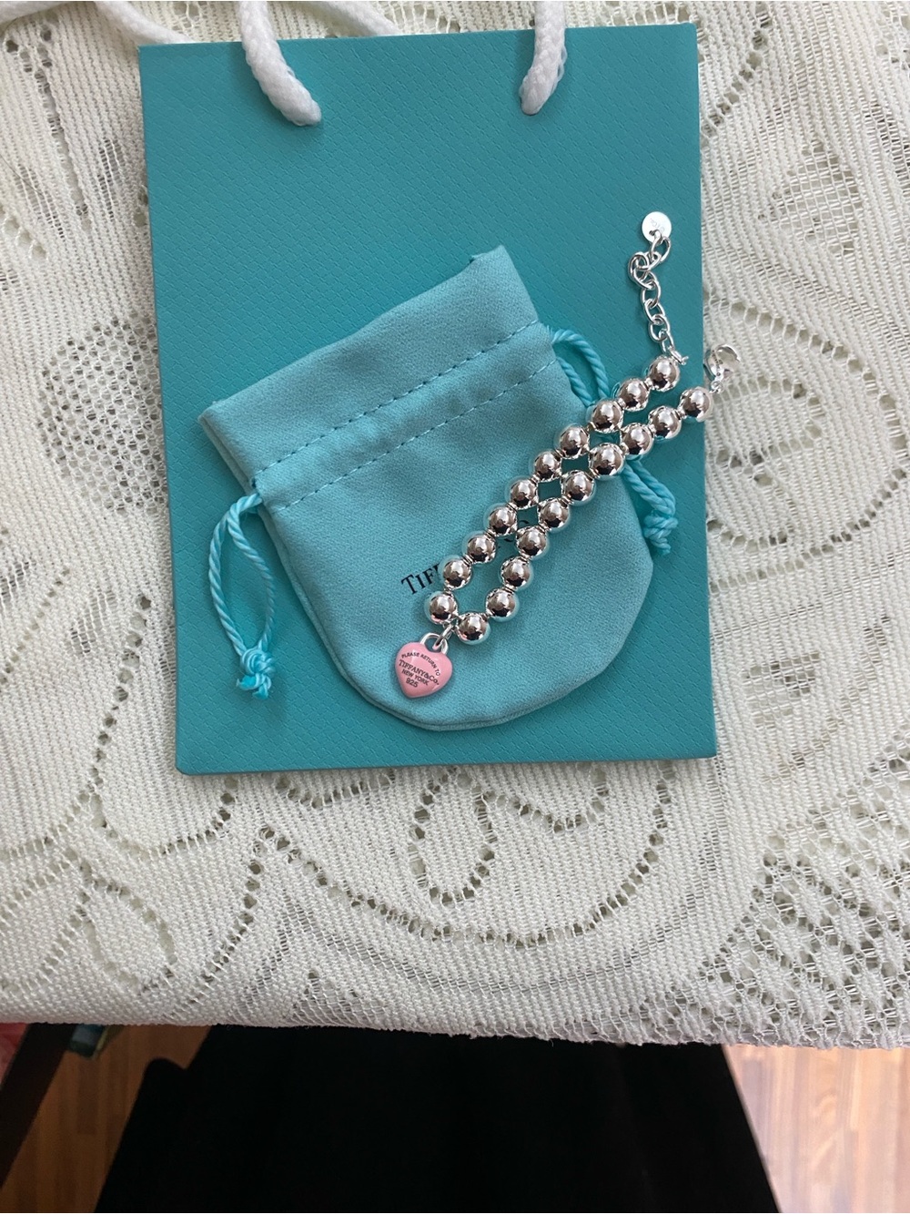 Tiffany & Co. Sterling Bead Bracelet with Pink Heart Tag and Blue Pouch